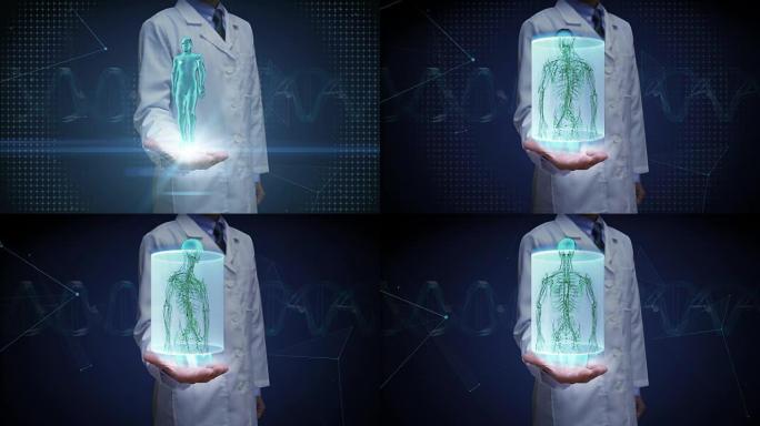 医生打开手掌，男性人体扫描淋巴系统。蓝色x射线光。