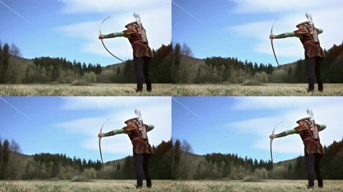 高清超级慢莫: 中世纪弓箭手在林地林间空地狩猎