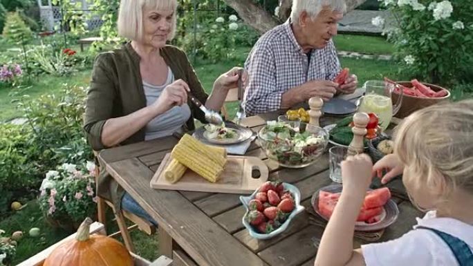 素食家庭在花园里吃有机食品