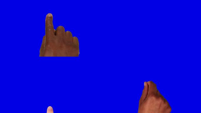 多种族的手。电话。触摸屏手势。蓝屏。