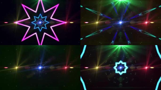 在同心圆中旋转的抽象迷幻激光的循环动画。彩虹光谱。迪斯科舞蹈和电子音乐背景。