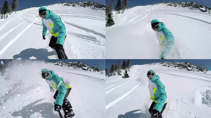 慢动作特写: 滑雪者在新鲜的雪中做粉末转弯