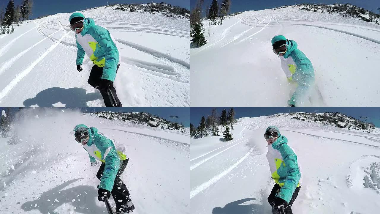 慢动作特写: 滑雪者在新鲜的雪中做粉末转弯