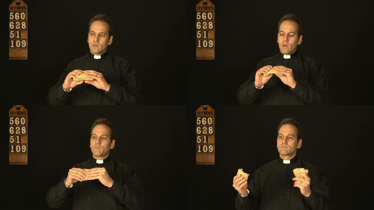 牧师/牧师在教堂服务中掰面包