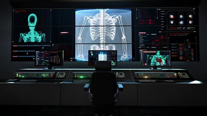 人体医疗保健中心，主控室，人体骨骼结构，骨骼系统数字显示。