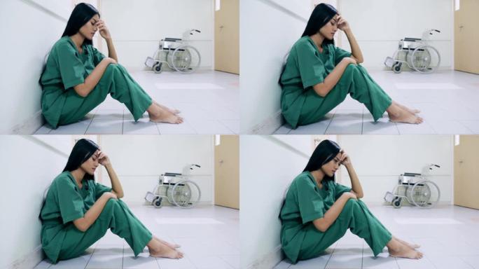压力过度劳累生病的女医生在医院头痛感觉疾病