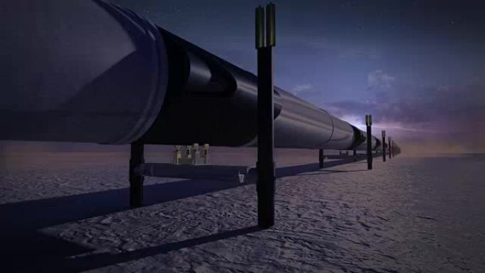 沙漠中的管道，3D动画，夜间。