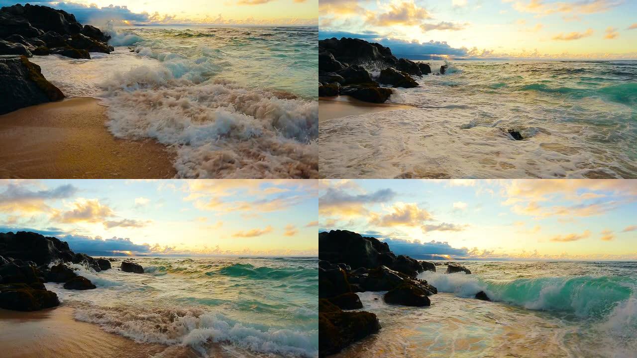 Steadicam拍摄了强烈的海浪撞击在沙滩上的照片。景观自然风景地球概念。