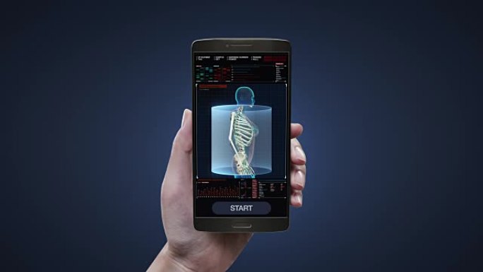 触摸保健诊断应用在手机、智能手机、女性人体扫描人体骨骼结构、骨骼系统上的数字显示。