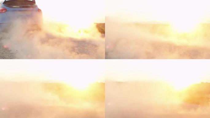 关闭汽车启动并迅速开走，轮胎旋转，扬沙扬尘