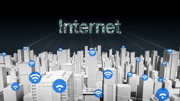 智能城市上的各种事物传感器图标，连接互联网技术。