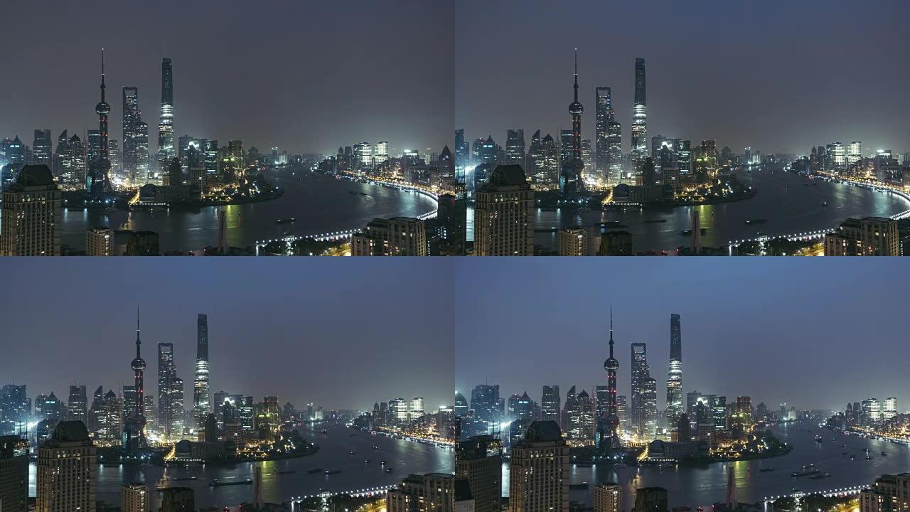 黎明时分上海市区的T/L盘高角度视图，夜晚到黎明/中国上海