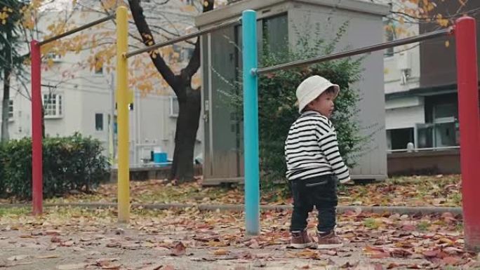 亚洲男婴在秋季公园玩耍