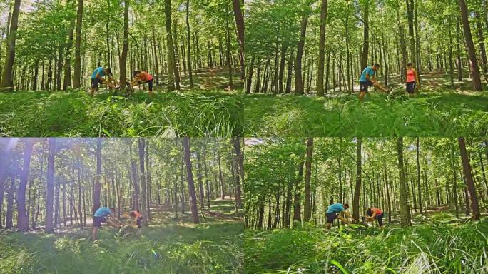 SLO MO夫妇在森林中进行脚趾触摸运动