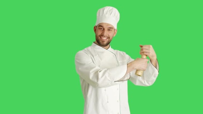 厨师用Peppe Box为菜肴加香料的镜头。背景是绿色屏幕。