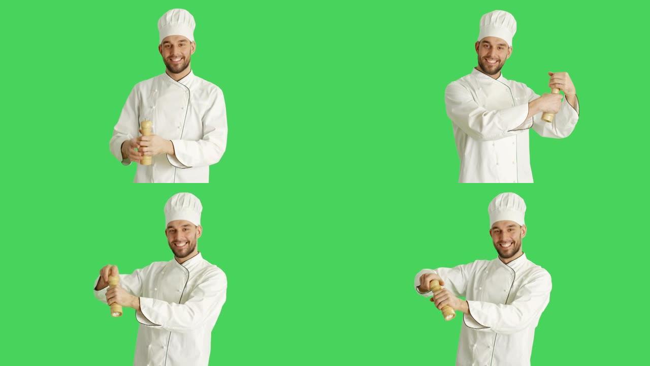 厨师用Peppe Box为菜肴加香料的镜头。背景是绿色屏幕。