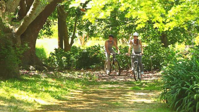 运动年轻夫妇在树林中骑自行车