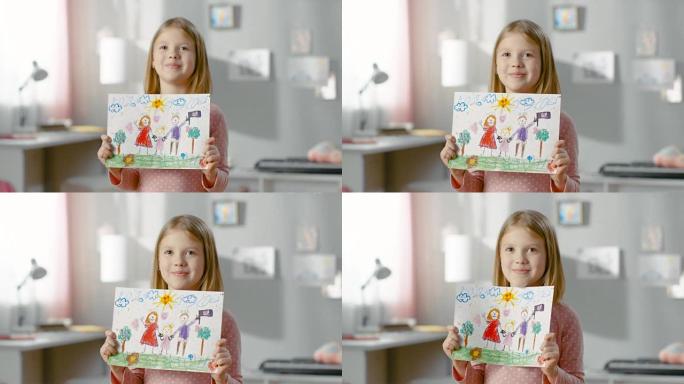 可爱的年轻女孩展示了她幸福家庭的有趣图画。母亲、父亲和她牵着手在图纸上。