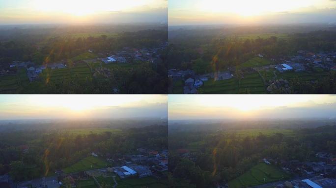 空中: 日出时热带丛林村庄的房屋，平房和小屋