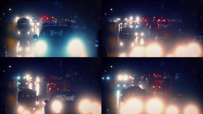 雨夜高速公路上的车灯发光