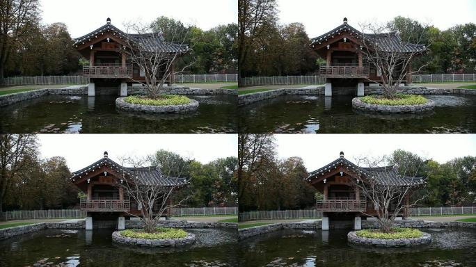 带池塘的韩国寺庙，清晨，多莉拍摄