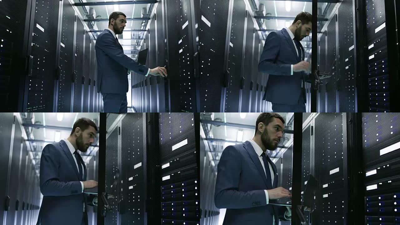 数据中心的IT工程师打开服务器机架柜门，并用笔记本电脑连接到它。运行诊断。