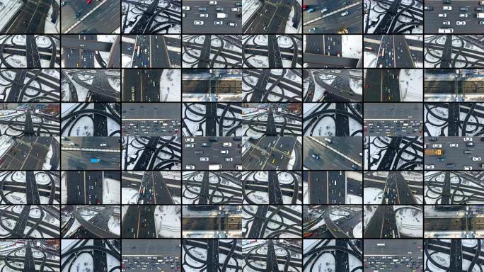 繁忙的高速公路、交通交汇处。16个视频的拼贴画。