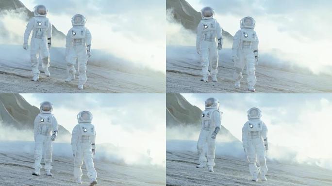 两名宇航员穿着宇航服，在冰冷的外星星球上自信地行走，这是在星球表面的探索探险。太空旅行，新世界发现，