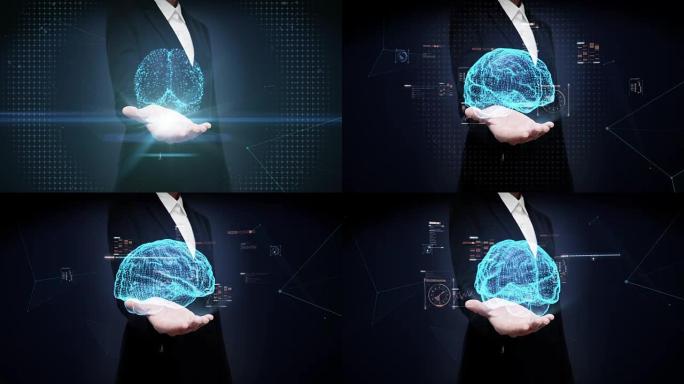 女商人打开手掌，数字大脑，点状连接大脑，数字线条显示界面，成长未来的人工智能。