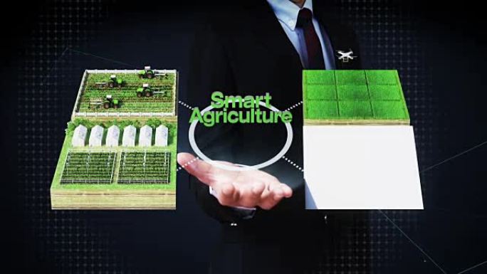 商人打开手掌，‘智能农业’技术，智能农场，传感器连接乙烯房，温室。连接物联网。