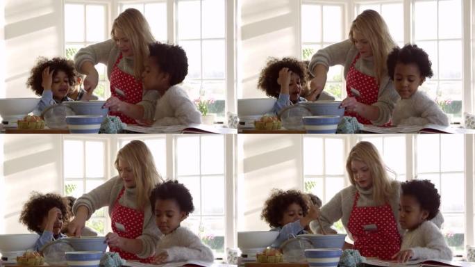 在R3D上拍摄的母亲和孩子在家烤蛋糕