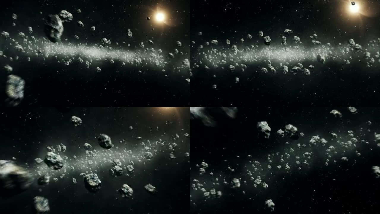 美丽的飞行通过小行星带在开放空间。