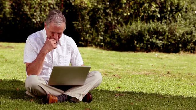 成熟的男人用笔记本电脑坐在草地上