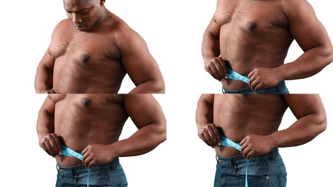 肌肉发达的男人测量他的腰