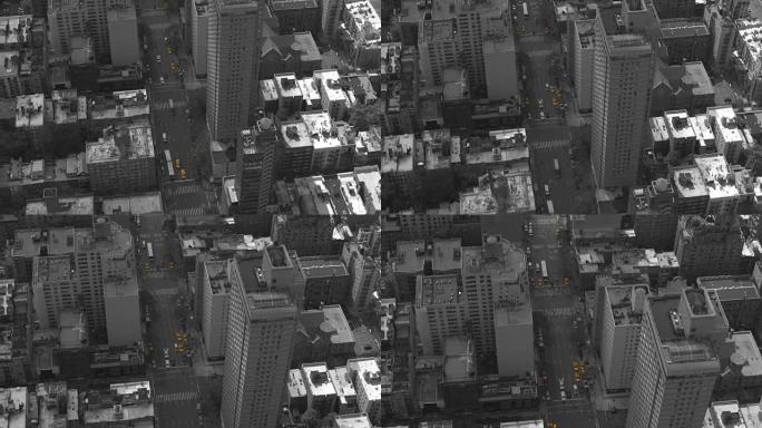 空中: 飞越纽约繁忙的街道，到处都是醒目的黄色出租车