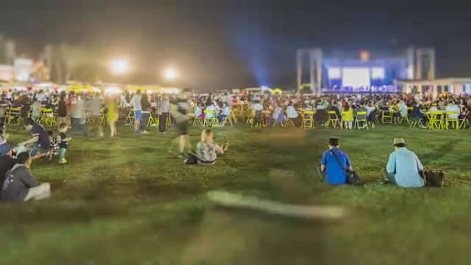 晚上人们在草地上放松，看音乐。