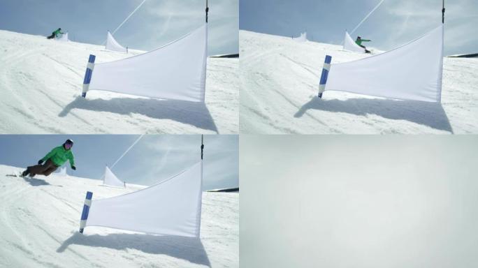慢动作: 专业比赛滑雪者骑激流回旋