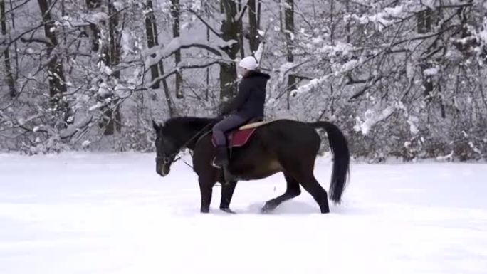 年轻女子骑马在白雪皑皑的空地上