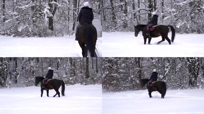 年轻女子骑马在白雪皑皑的空地上