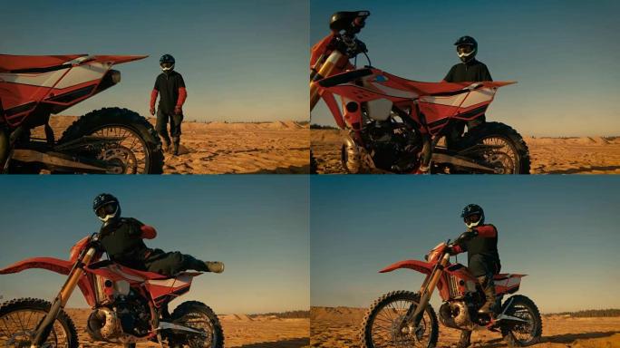 前视图拍摄的专业摩托车越野赛车手鞍上他的FMX土地车在沙/土地路。