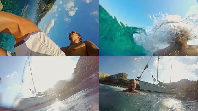 4k肖像俏皮男性朋友与可穿戴相机跳入阳光明媚的夏季海洋，实时
