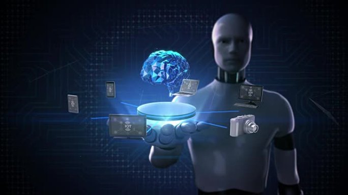 机器人，机器人打开手掌，连接数字大脑的设备，人工智能。物联网。