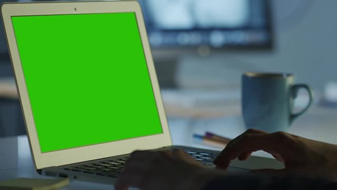 程序员在办公室工作的笔记本电脑的绿屏模型。