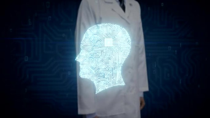 医生触摸数字屏幕，大脑头部形状连接数字线，扩展人工智能