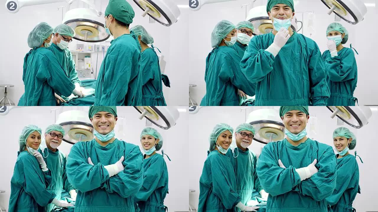 手术室里微笑的男性外科医生的肖像。