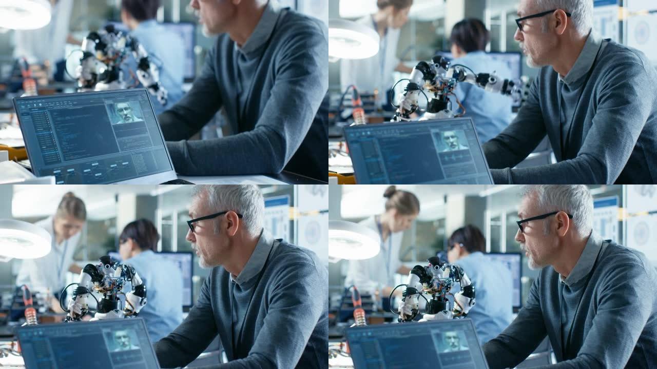 高级机器人工程师操纵语音控制机器人，笔记本电脑屏幕显示使用机器学习技术的软件。在背景机器人研究中心实
