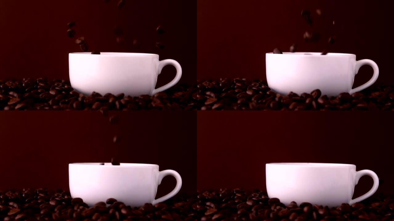 咖啡豆落入白色杯子