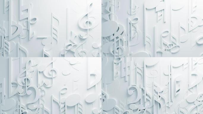 美丽的白色音乐音符在表面移动无缝3d动画。抽象运动设计背景。计算机生成的过程。4k UHD 3840