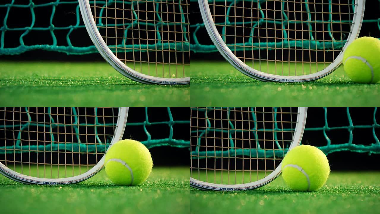 网球和球拍在4k球场上对网