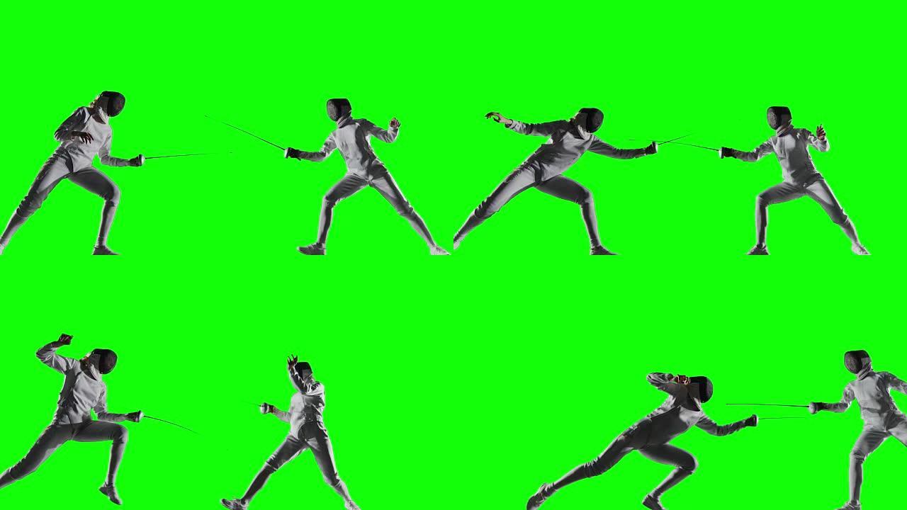 两名击剑女运动员在绿色背景上行动